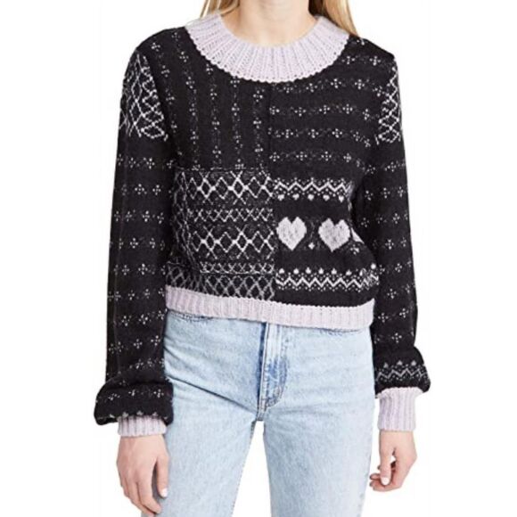 Free People Snow Globe Pullover Sweater Black Purple size Small Alpaca Boxy - Picture 1 of 6